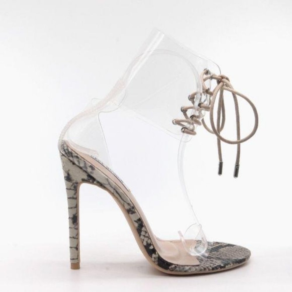 Snake Embossed Lace Up Ankle Wrap Heels